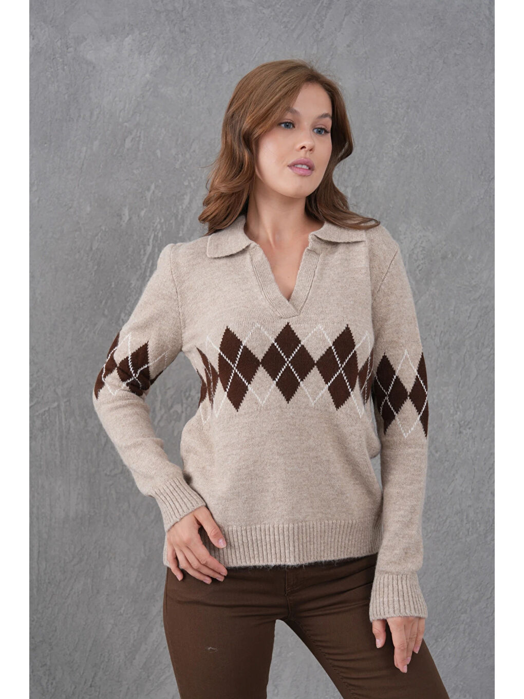 Bej Kadın Polo Yaka Desenli Yarım Pat Triko Kazak-4