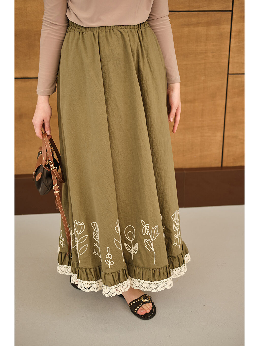 Kadın Dantel Ve Çiçek Nakışlı Etek Küf Yeşil-3