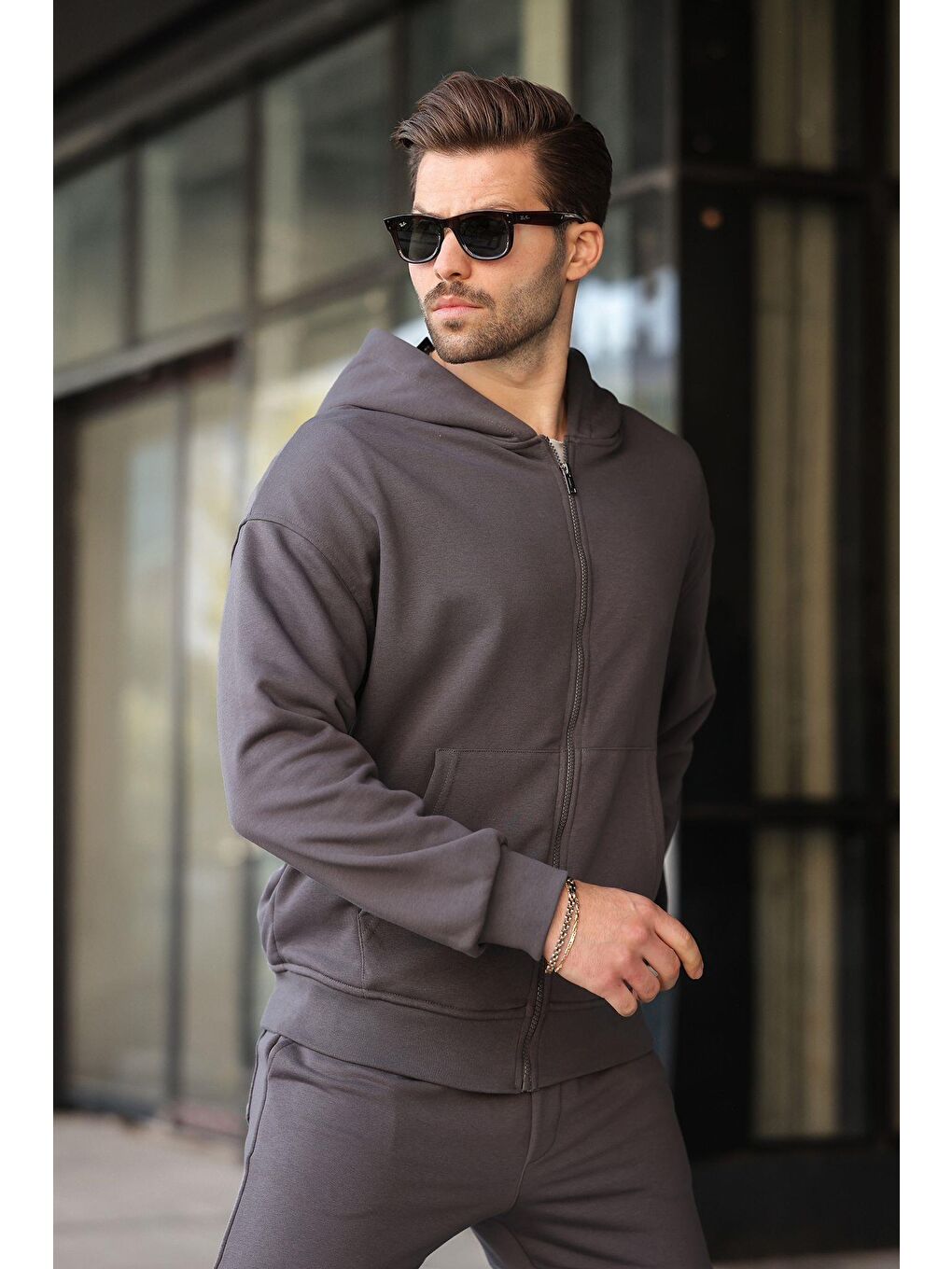 Gri Füme Kapüşonlu Fermuarlı Basic Erkek Eşofman Takımı E7331-2