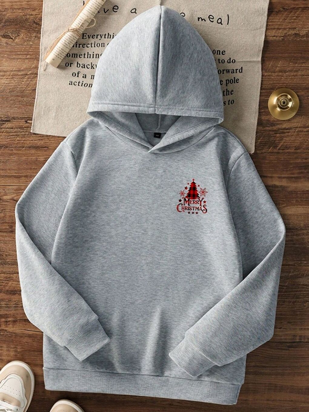 Gri Red Çam  Baskılı Oversize Kapüşonlu Sweatshirt Uzun Kollu Yılbaşı Temalı Hoodie-1