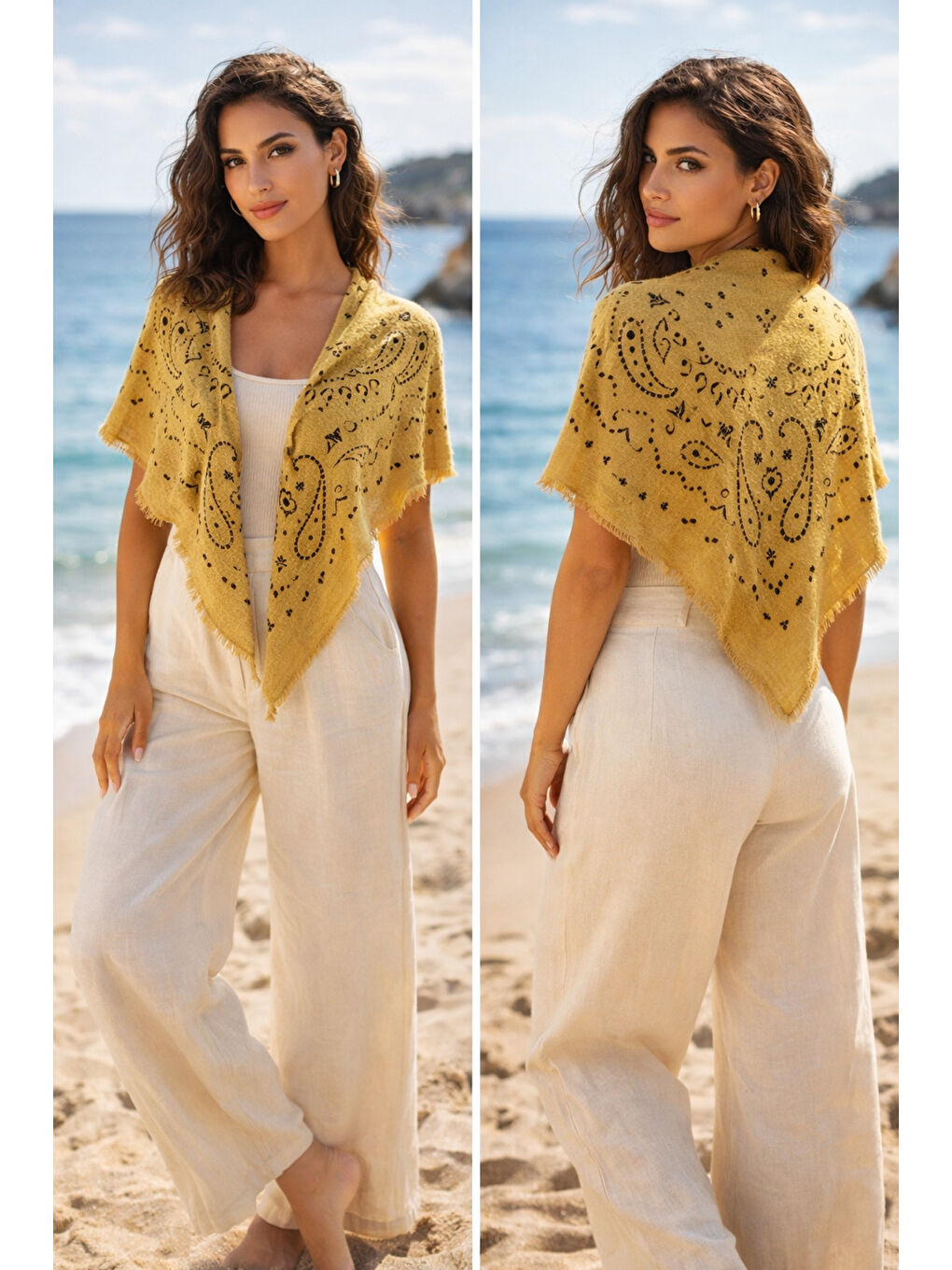 Sarı Kujten Desenli Pamuklu Şal SAL1401 SARI-2