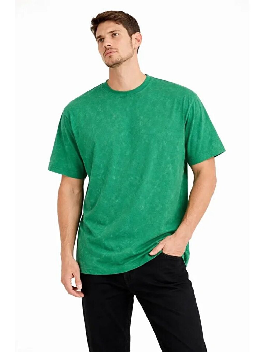 Erkek Asit Yıkama Bisiklet Yaka Kısa Kollu Oversize T-Shirt Tişört - Yeşil-3