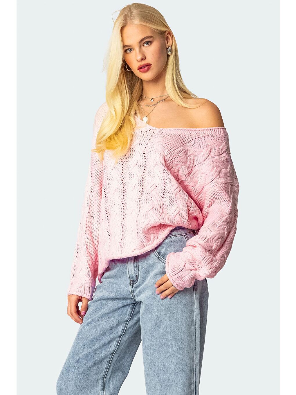 Pembe V Yaka Örgü Desen Oversize Kadın Kazak Mg2519-5