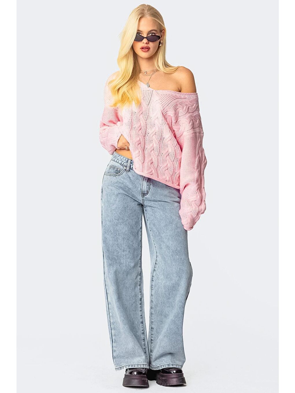 Pembe V Yaka Örgü Desen Oversize Kadın Kazak Mg2519-6