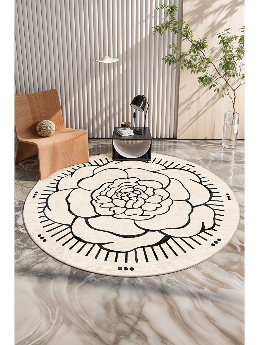 Ekru Dekoratif Salon Halısı, Makinada Yıkanabilir, Kaymaz Taban, İnce & Modern Tasarım-2