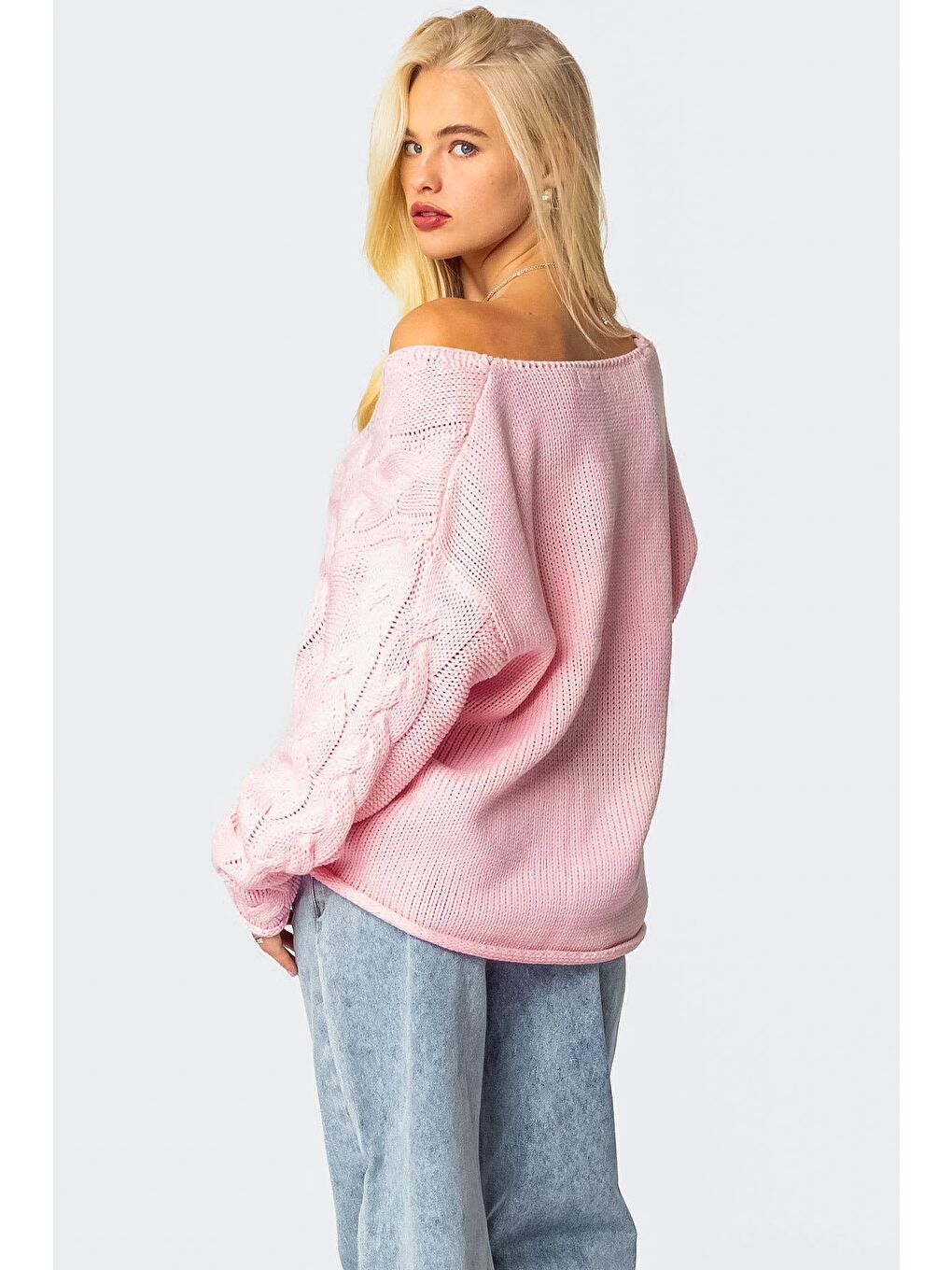 Pembe V Yaka Örgü Desen Oversize Kadın Kazak Mg2519-7