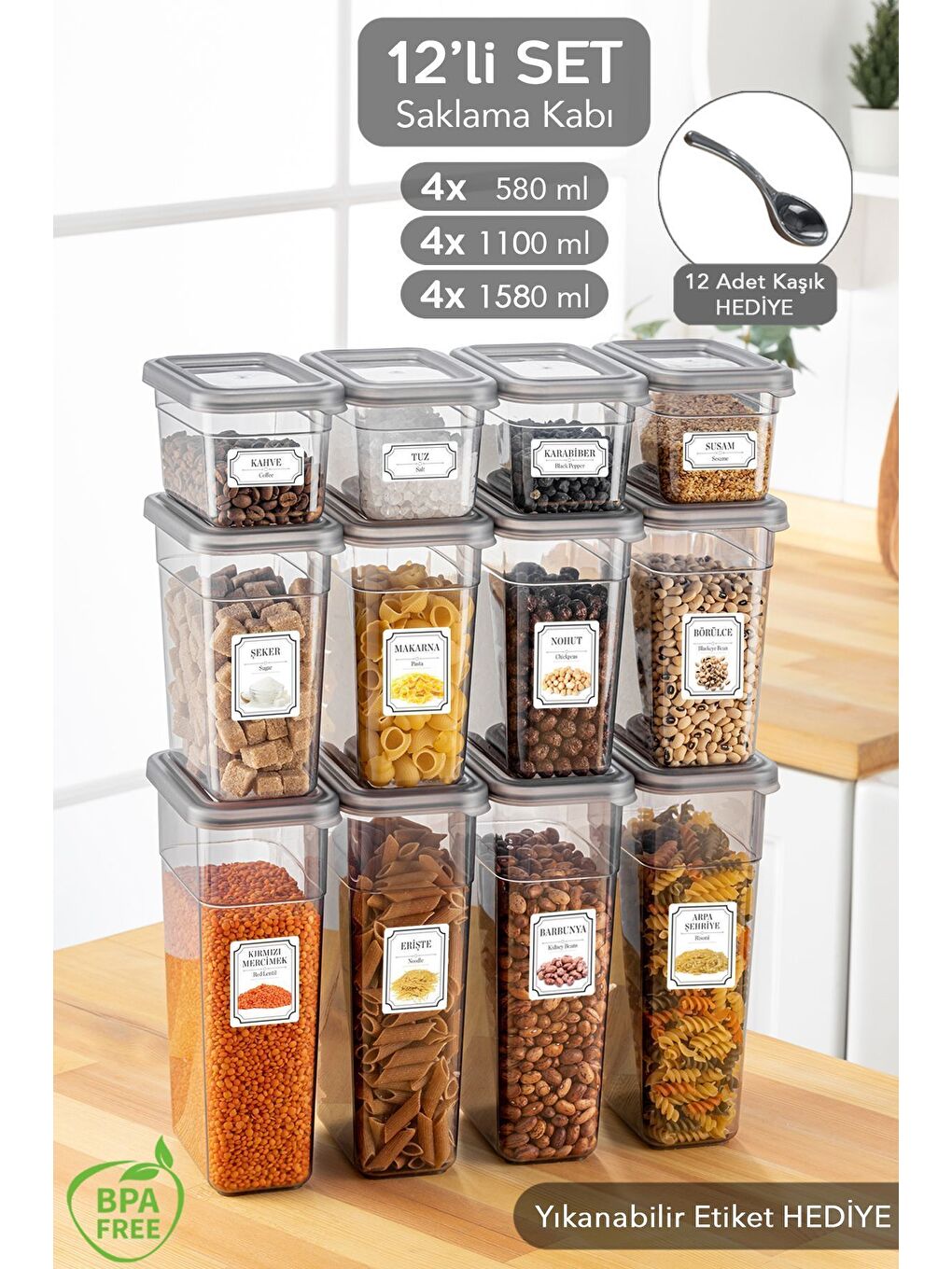 Gri 12'li Sızdırmaz Kapak Kaşıklı Saklama Kabı Seti Etiketli Baharatlık 4x 580 ml 1100 ml 1580 ml