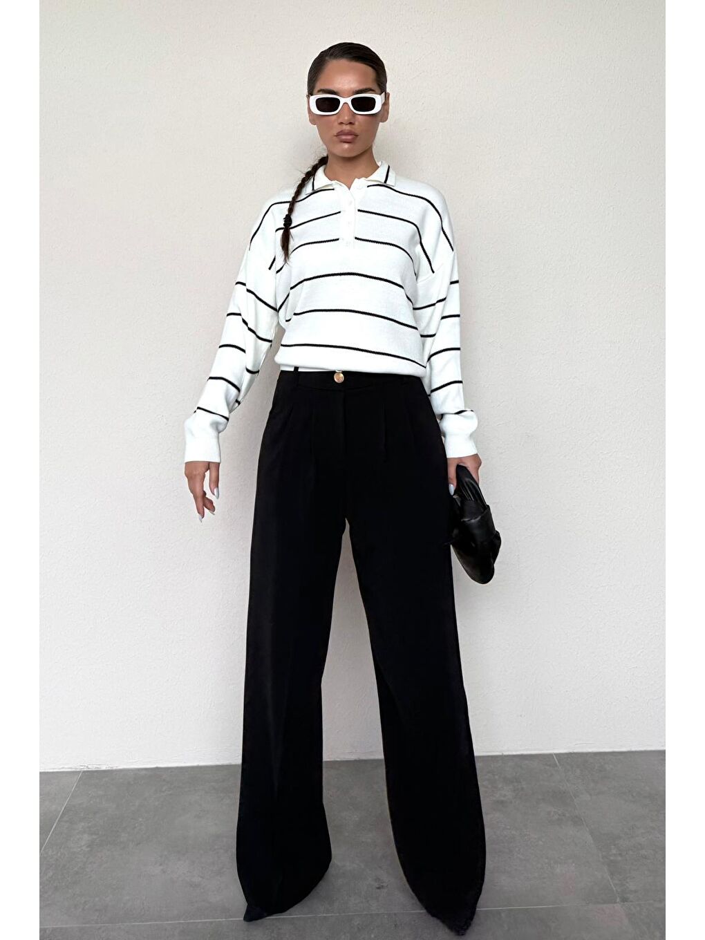 Beyaz Kemik Rengi Çizgili Polo Yaka Kadın Triko Kazak Mg2470-6