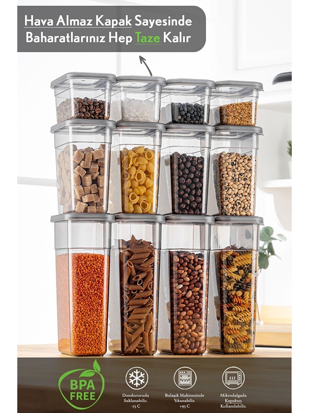 Gri 12'li Sızdırmaz Kapak Kaşıklı Saklama Kabı Seti Etiketli Baharatlık 4x 580 ml 1100 ml 1580 ml-1