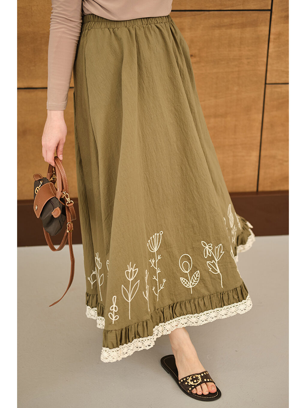 Kadın Dantel Ve Çiçek Nakışlı Etek Küf Yeşil-4