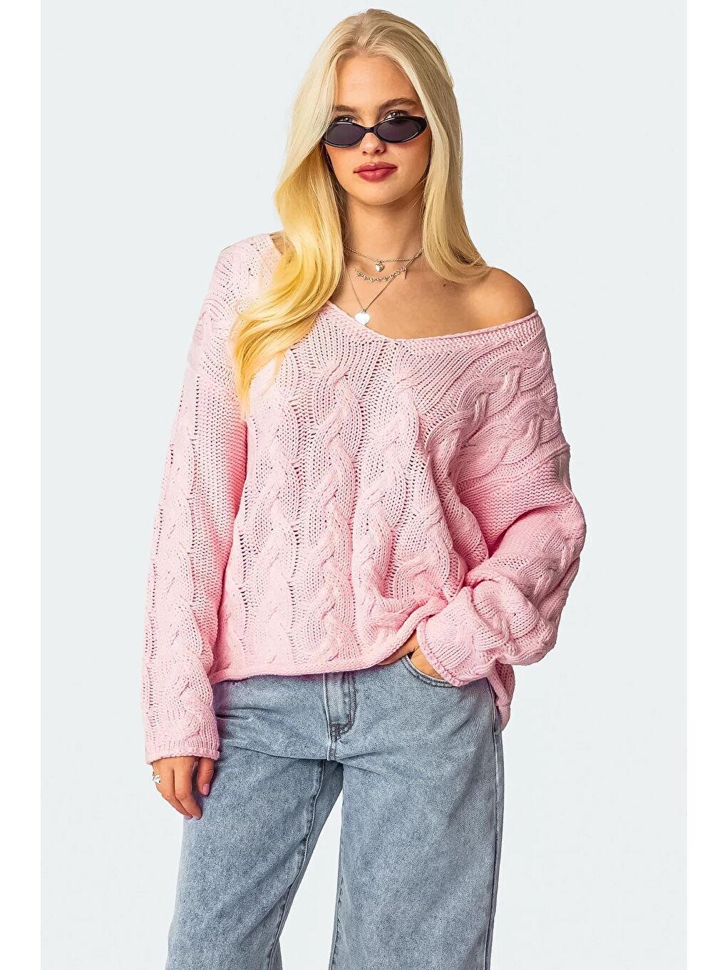 Pembe V Yaka Örgü Desen Oversize Kadın Kazak Mg2519-8