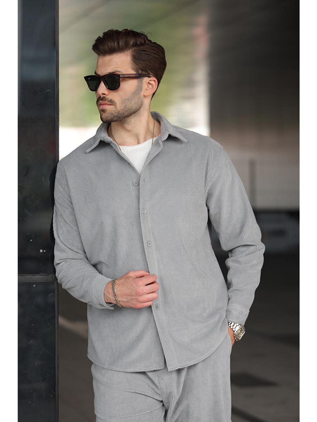 Boyalı Gri Kadife Erkek Gömlek Pantolon Takım E7334-1