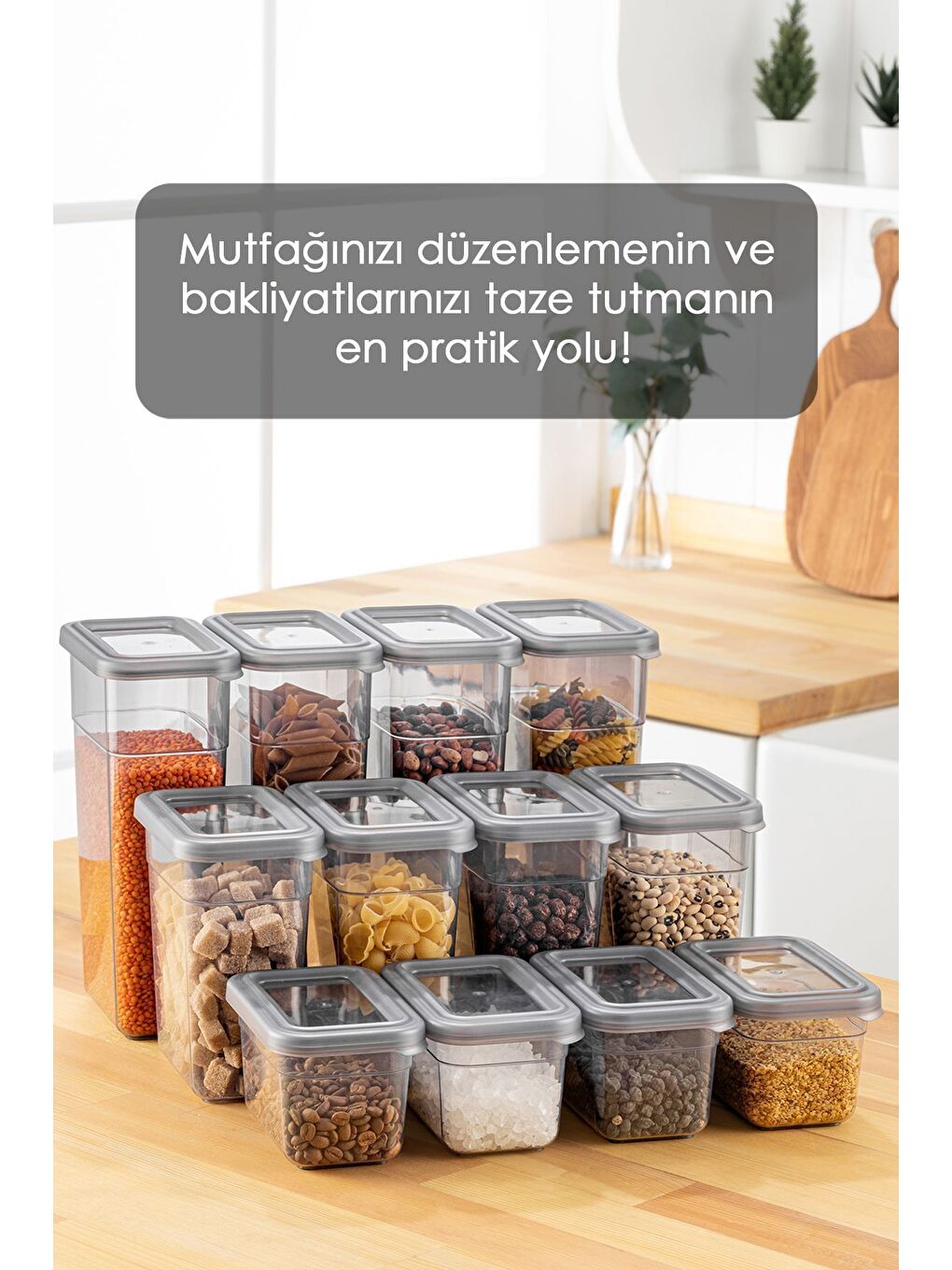 Gri 12'li Sızdırmaz Kapak Kaşıklı Saklama Kabı Seti Etiketli Baharatlık 4x 580 ml 1100 ml 1580 ml-3