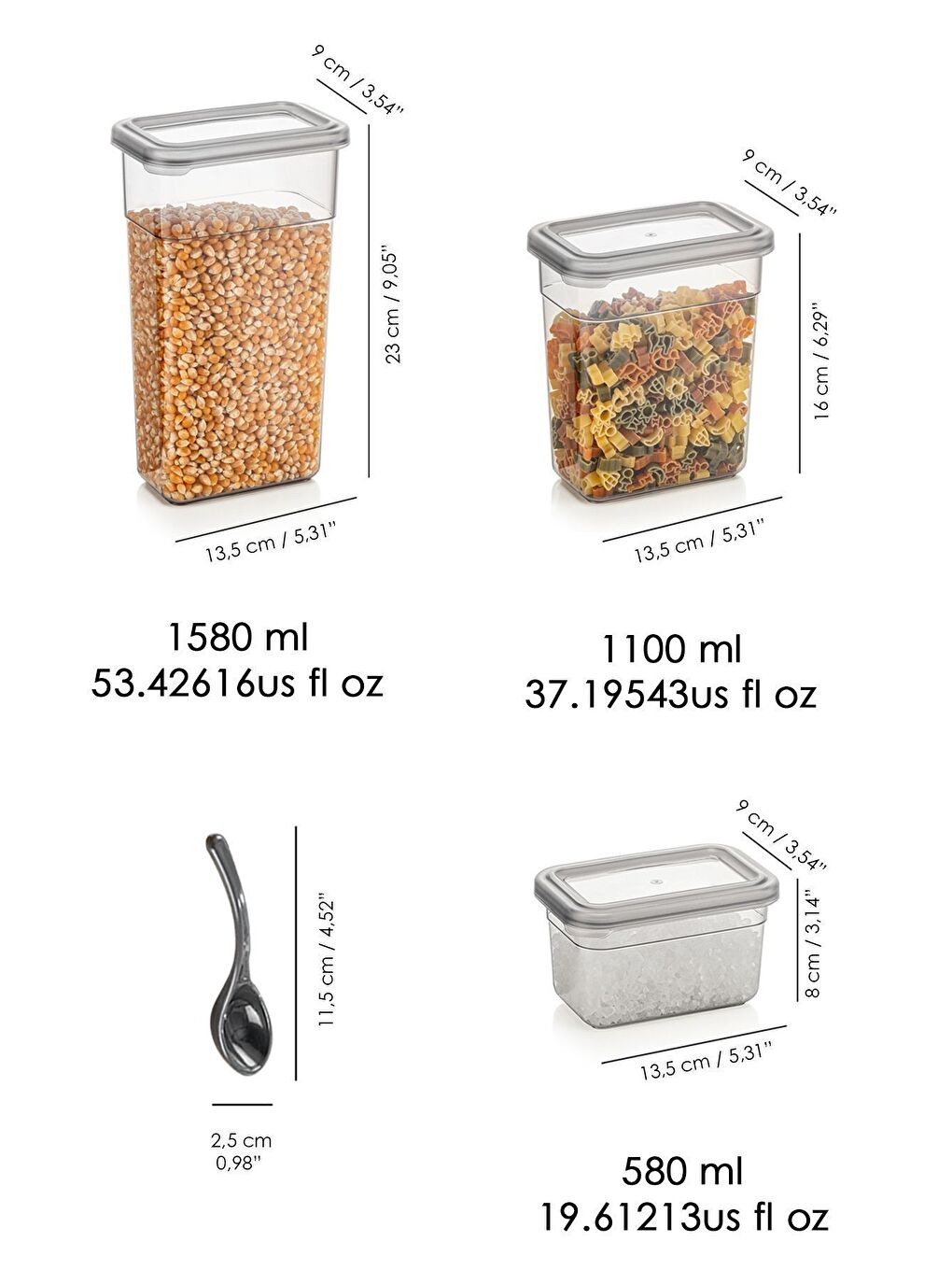 Gri 12'li Sızdırmaz Kapak Kaşıklı Saklama Kabı Seti Etiketli Baharatlık 4x 580 ml 1100 ml 1580 ml-5