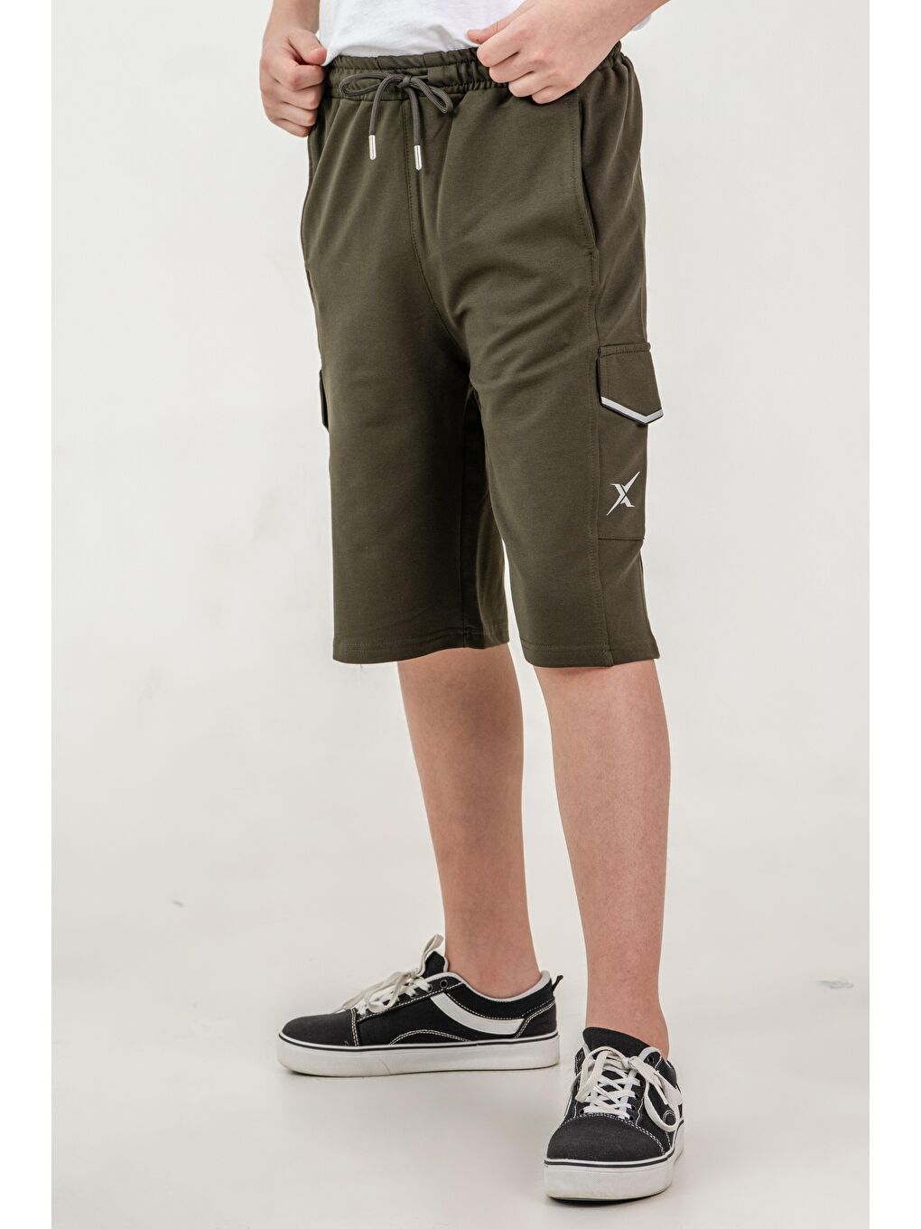 Haki Çift Kargo Cepli Cep Kapakları Reflektör Baskılı Erkek Çocuk Şort-2