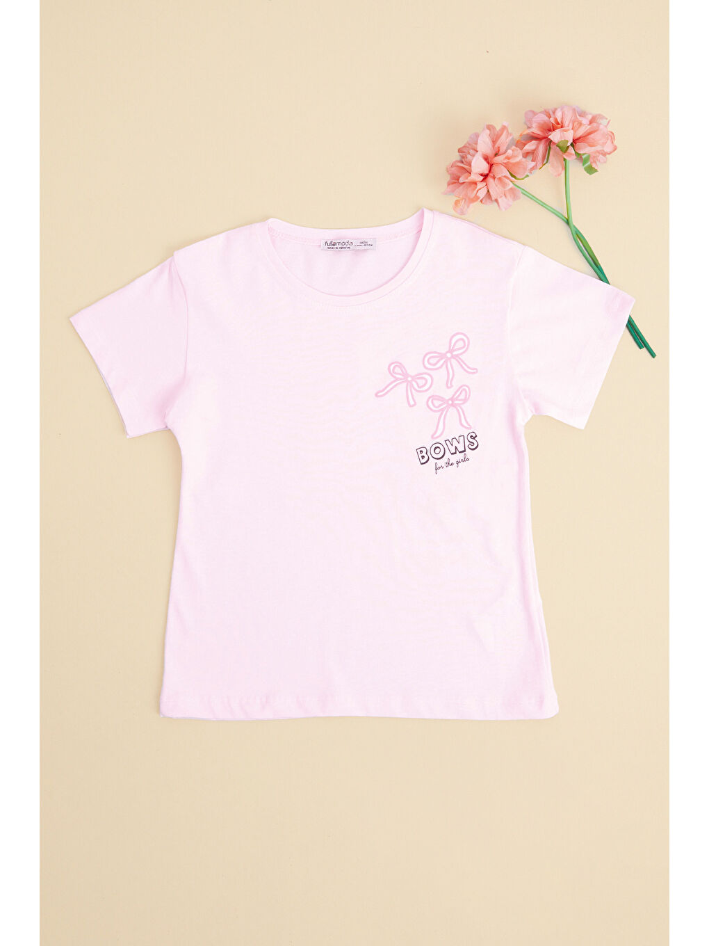 Pembe Fiyonk Nakışlı Bisiklet Yaka Kız Çocuk Tişört