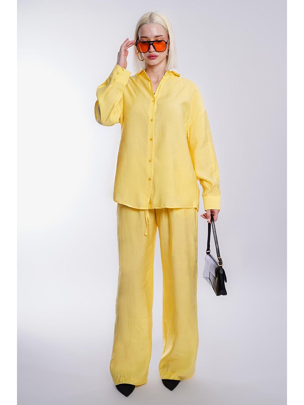 Sarı Basic Kadın Gömlek Pantolon İkili Takım Mg2352
