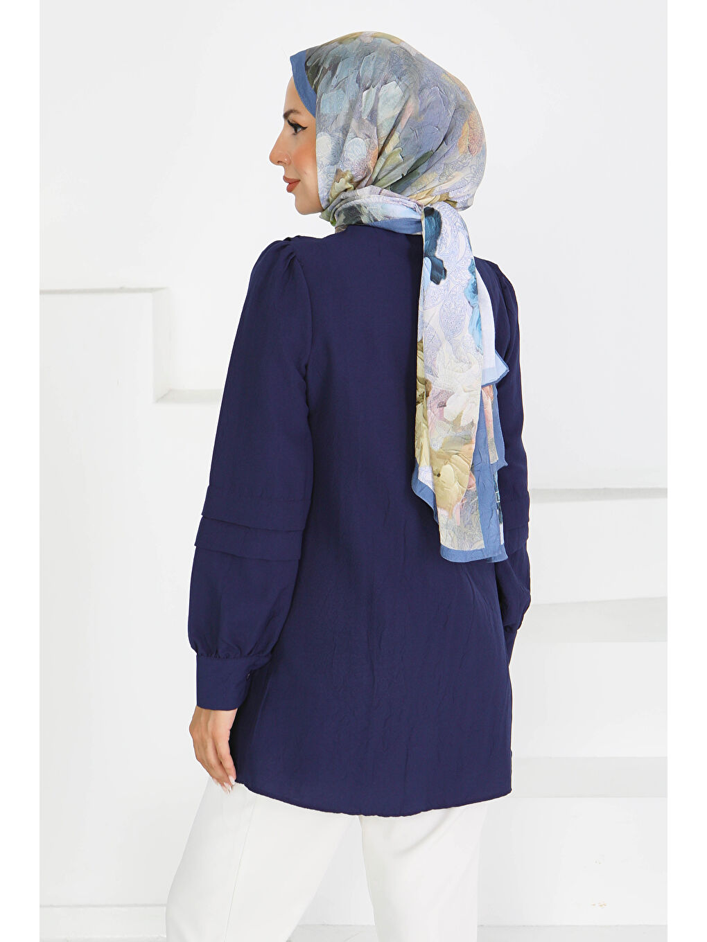 Kare Yaka Detaylı Dokuma Tunik Lacivert - 27607-4