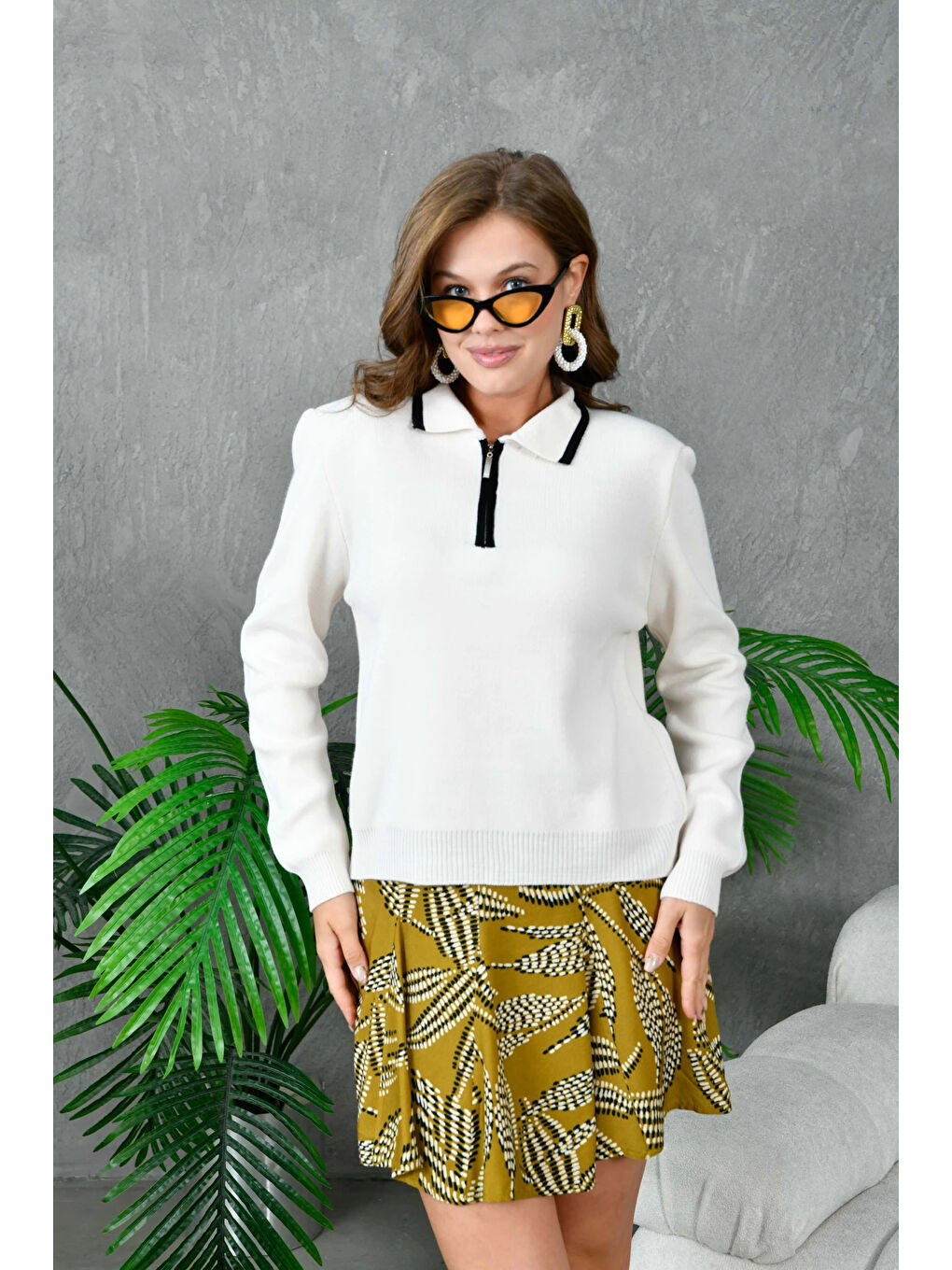 Ekru Kadın Polo Yaka Yarım Pat Fermuar Kapama Basic Triko Kazak-2