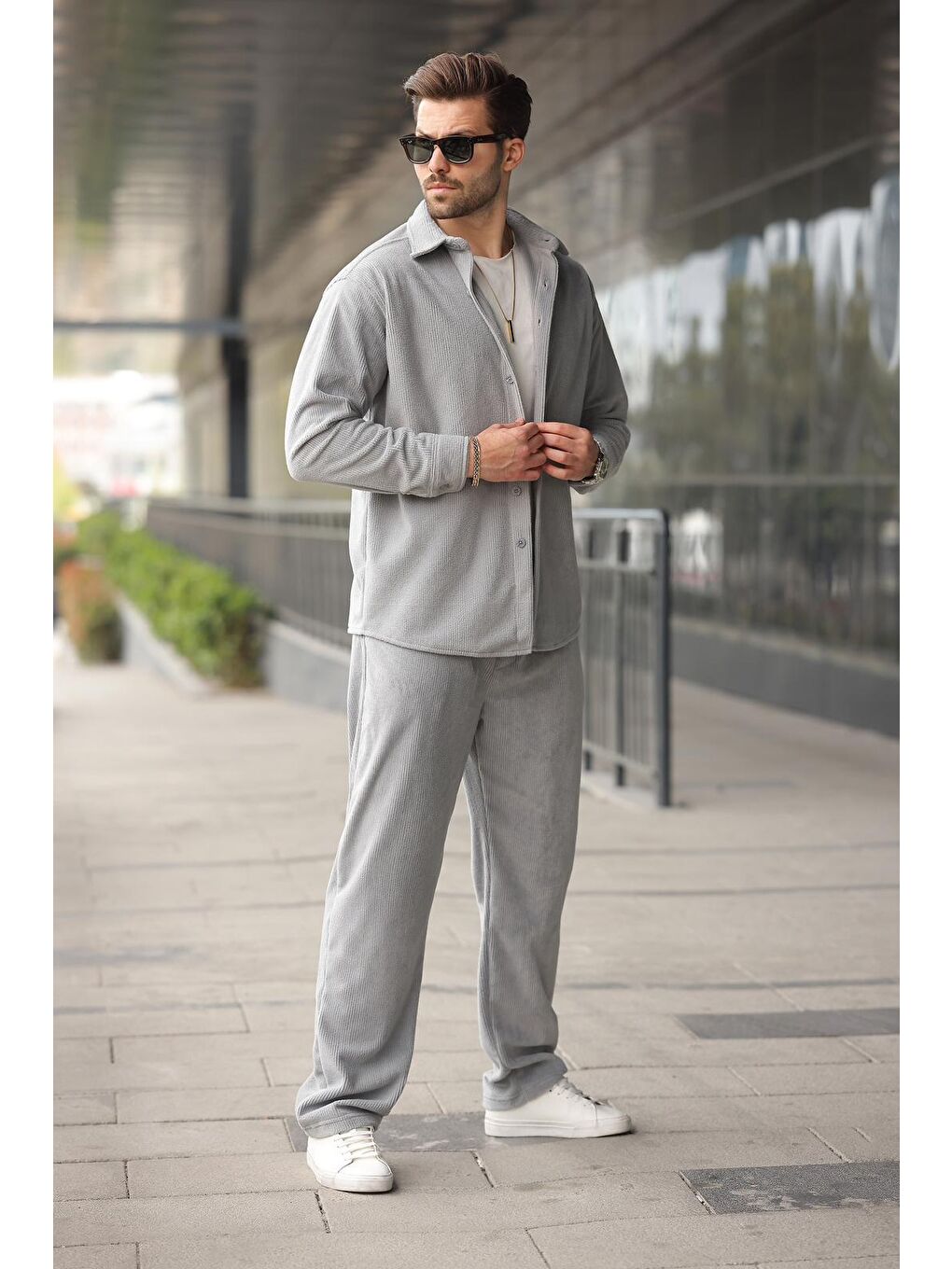 Boyalı Gri Kadife Erkek Gömlek Pantolon Takım E7334-2