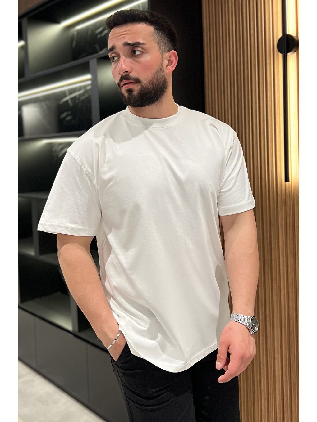 Ekru Bisiklet Yaka Erkek Tişört-1