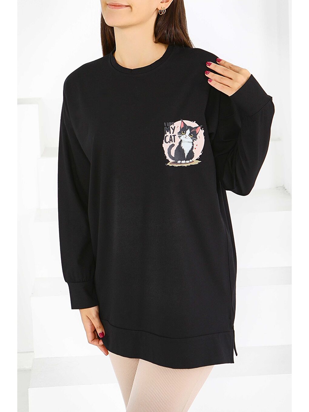 Uzun Kollu Baskılı Süprem Tunik Siyah - 27585-1