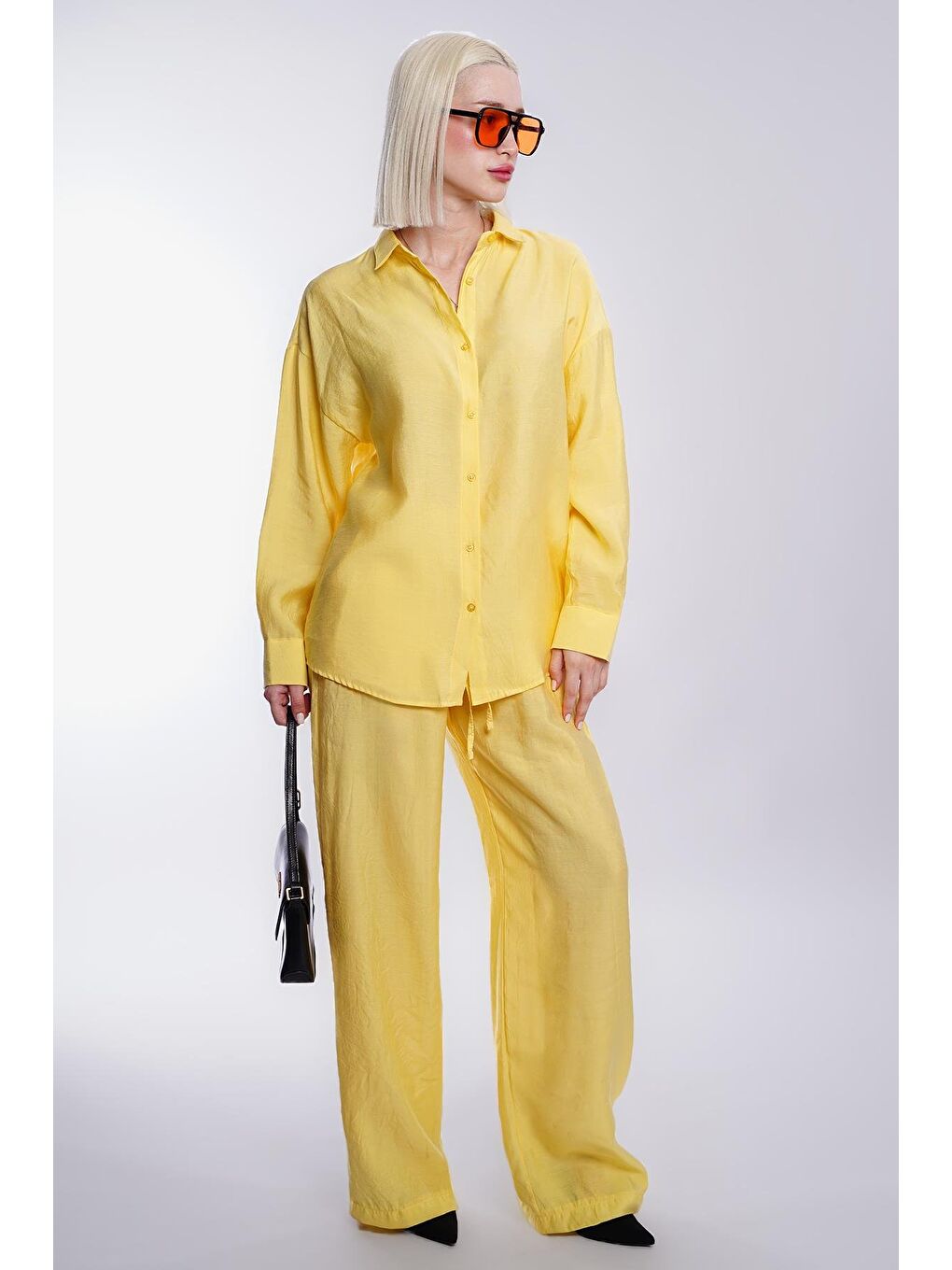 Sarı Basic Kadın Gömlek Pantolon İkili Takım Mg2352-1