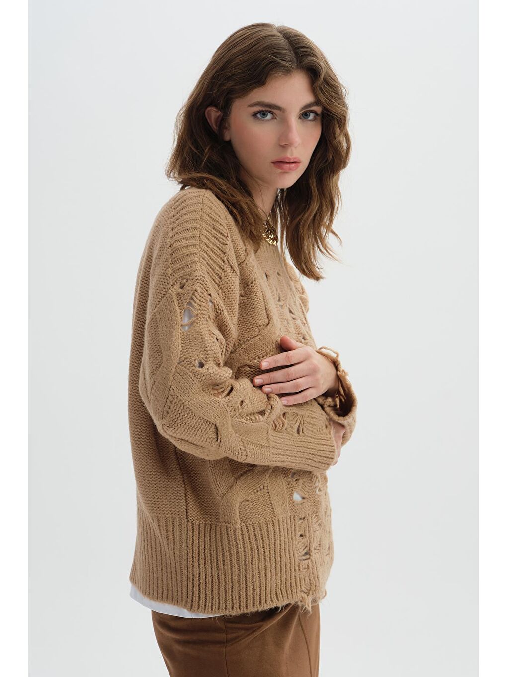 Kahverengi Açık Kahve Delikli Triko Kazak-1