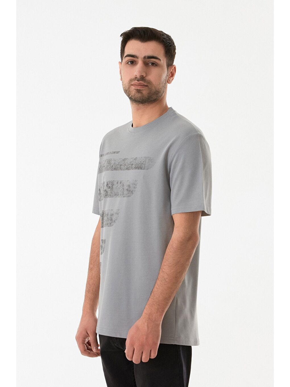 Gri Yazı Baskılı Bisiklet Yaka Tişört-1