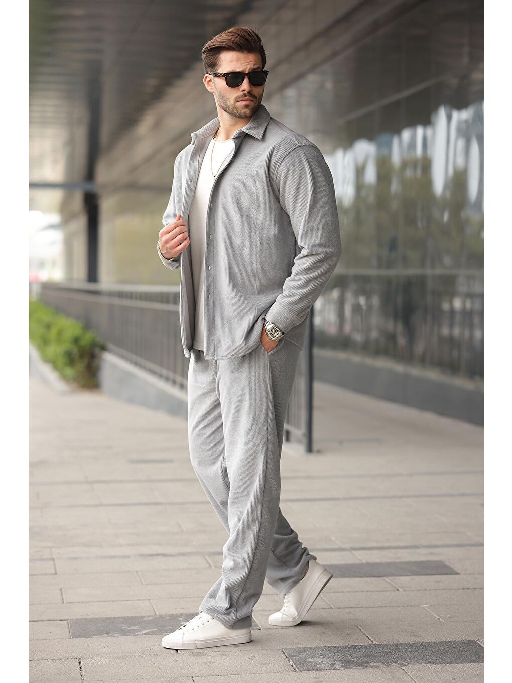 Boyalı Gri Kadife Erkek Gömlek Pantolon Takım E7334-3