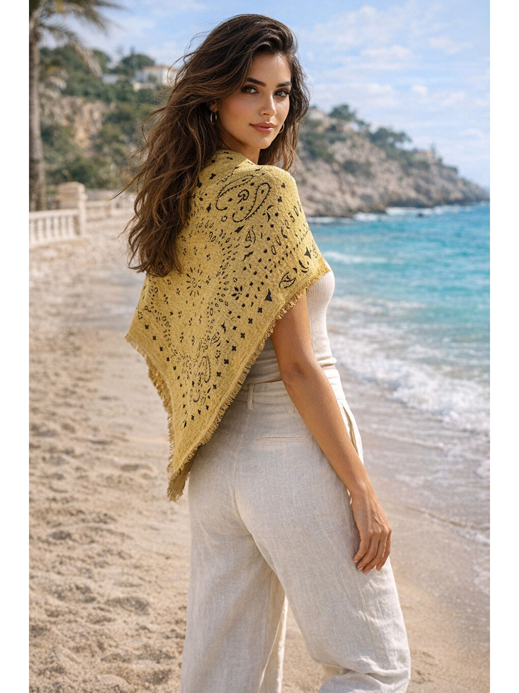 Sarı Kujten Desenli Pamuklu Şal SAL1401 SARI-4