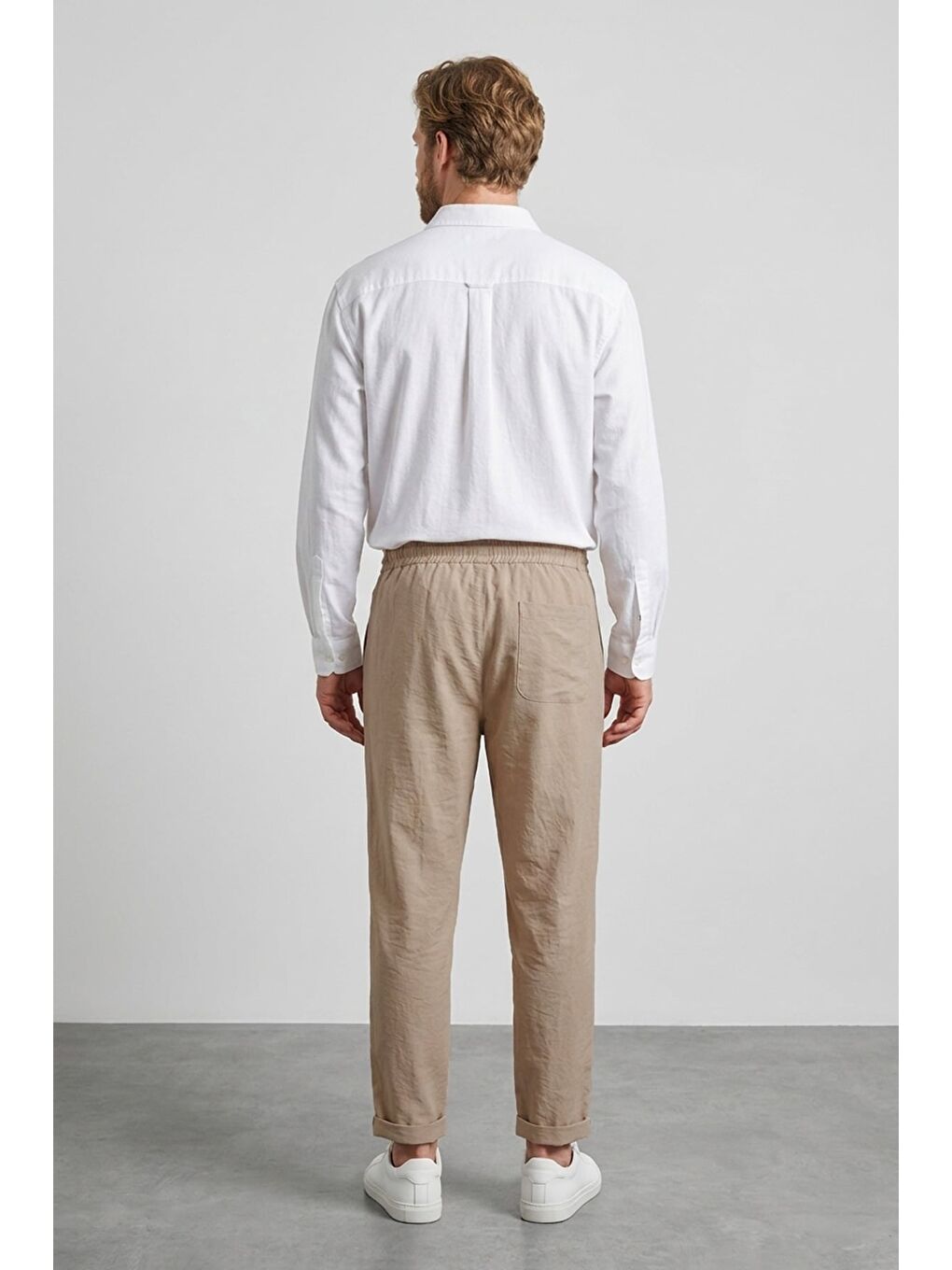 Bej Beli Lastikli Bağlamalı Duble Paça Pantolon-1