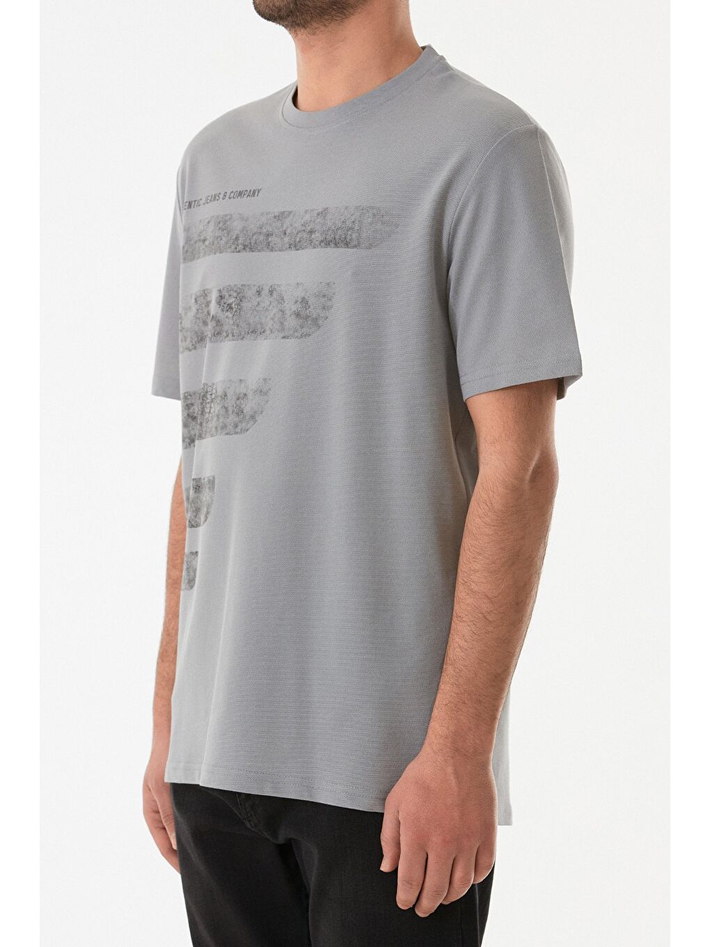 Gri Yazı Baskılı Bisiklet Yaka Tişört-4