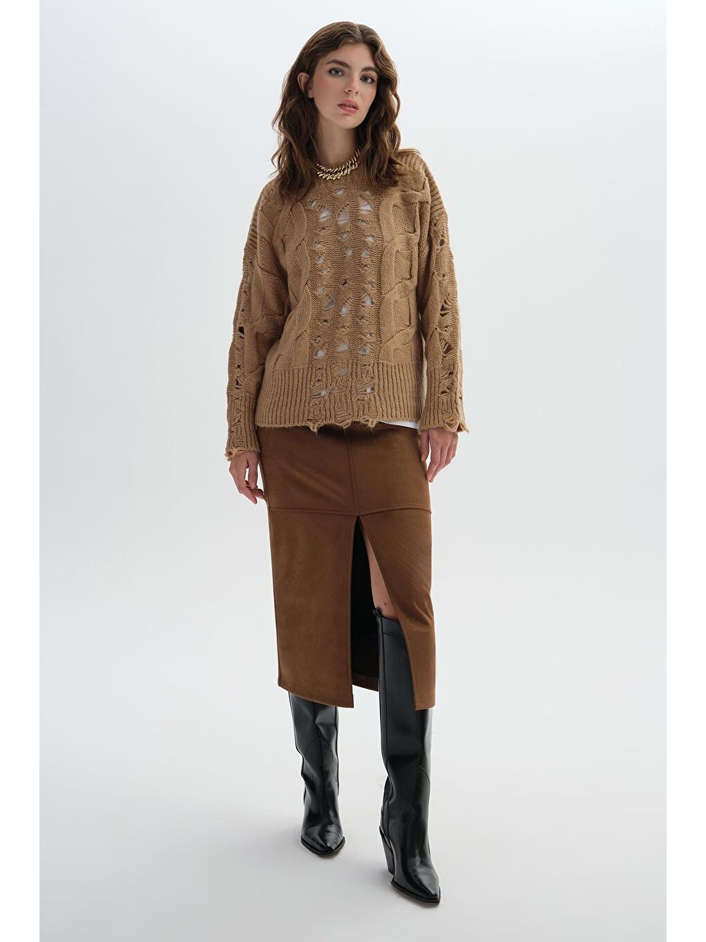 Kahverengi Açık Kahve Delikli Triko Kazak-2