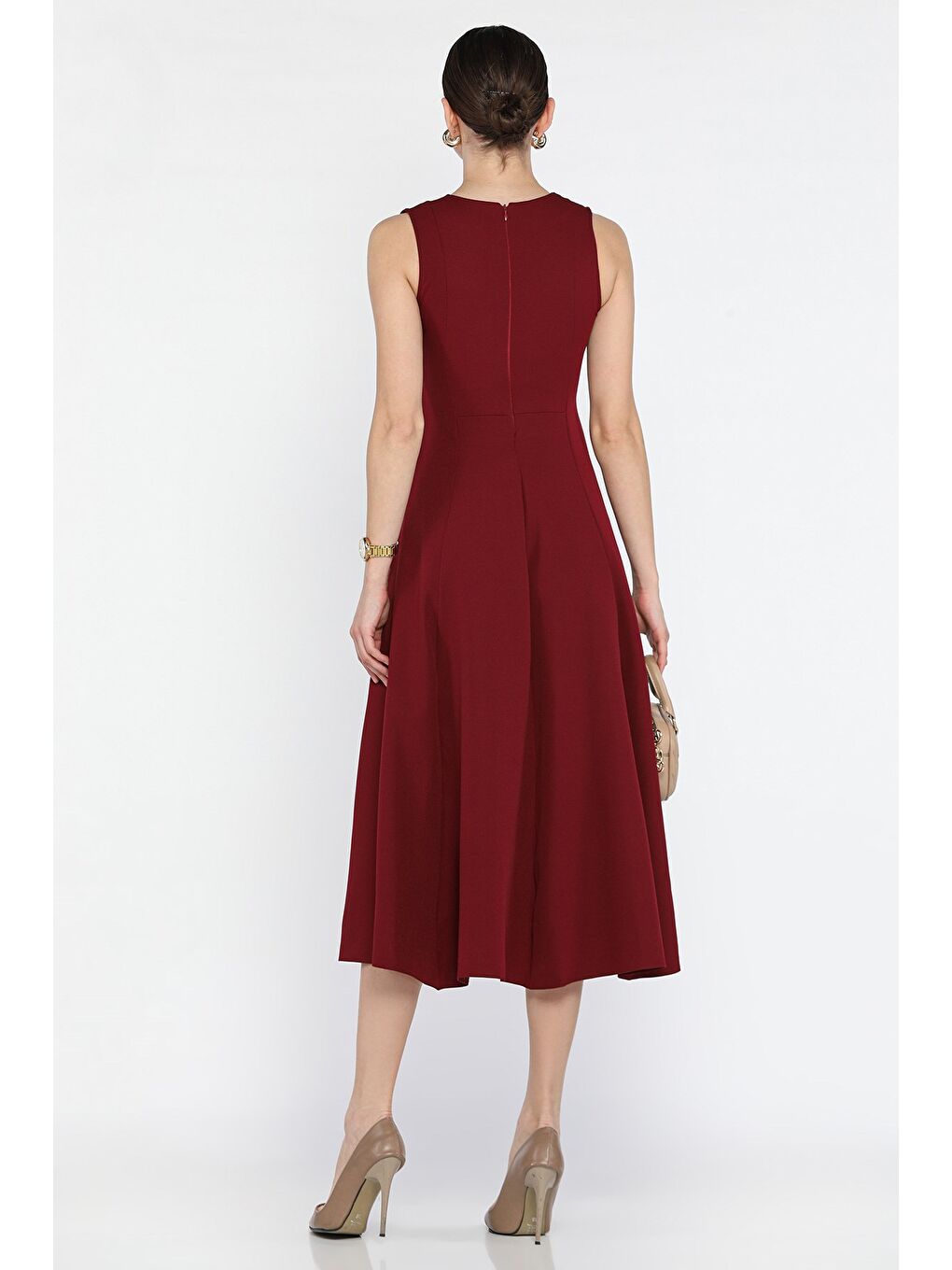 Bordo Ön Bağlamalı Sıfır Kol Elbise-2