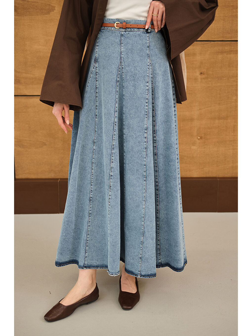 Kadın Dikiş Detay Yandan Fermuarlı Jean Etek Buz Mavi