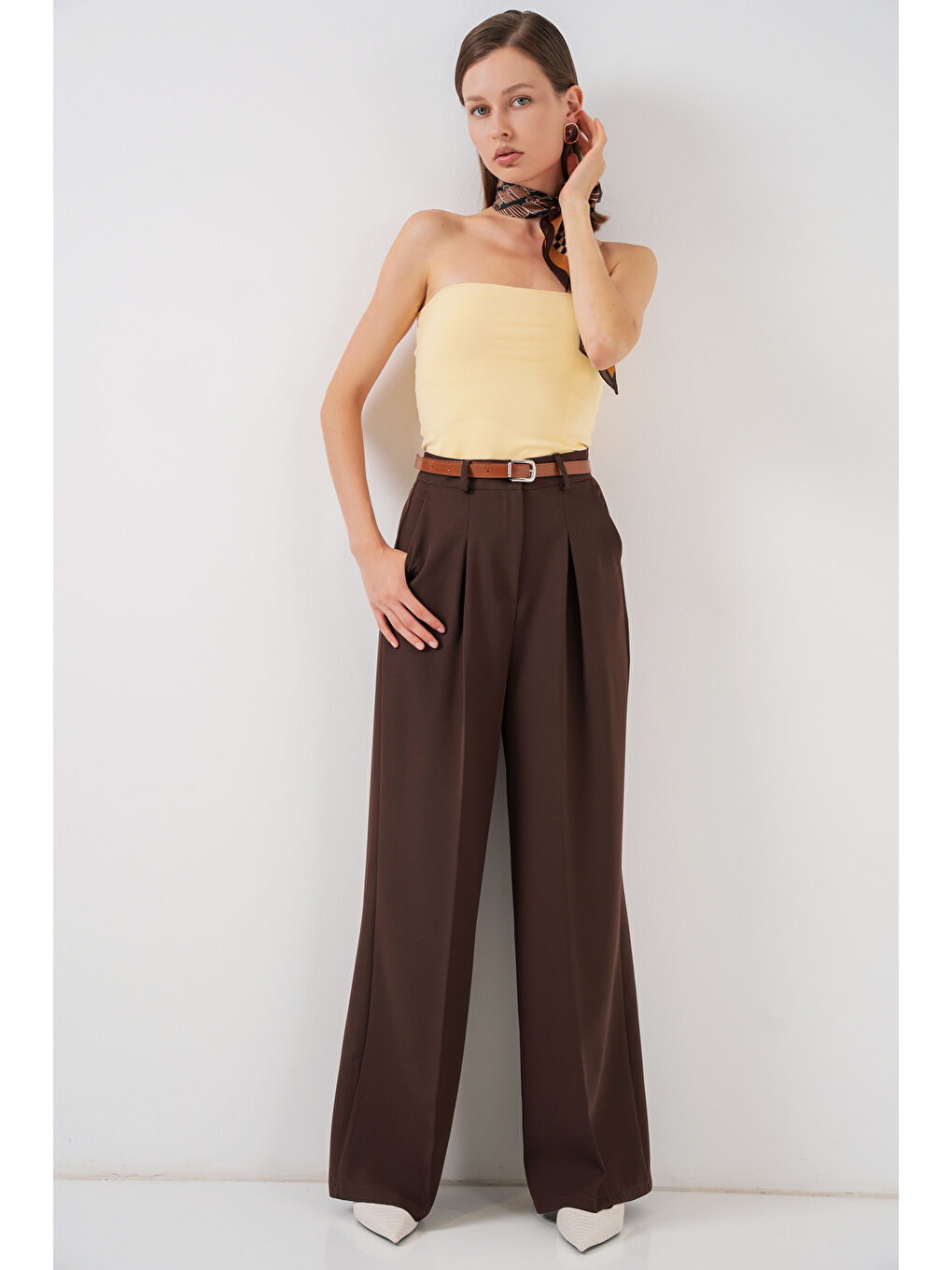 Kadın Yüksek Bel Palazzo Pantolon 30051 - Kahverengi-2