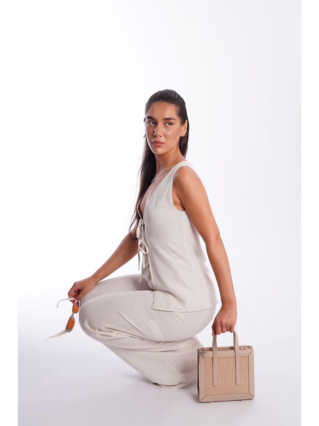 Bej Natural Önü Bağlamalı Yelek Pantolon Kadın Takım Mg2403-6