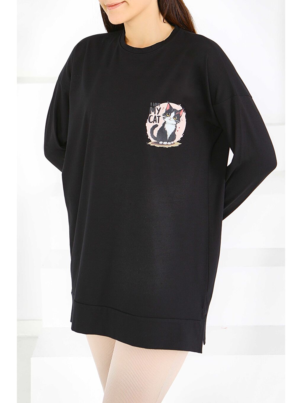 Uzun Kollu Baskılı Süprem Tunik Siyah - 27585-2