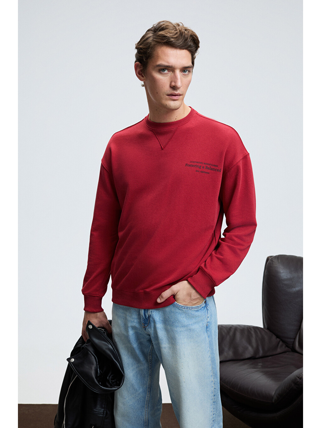 Caspıan Erkek %100 Pamuk Bisiklet Yaka Karyoka Dikişli Baskılı Kırmızı Sweatshirt