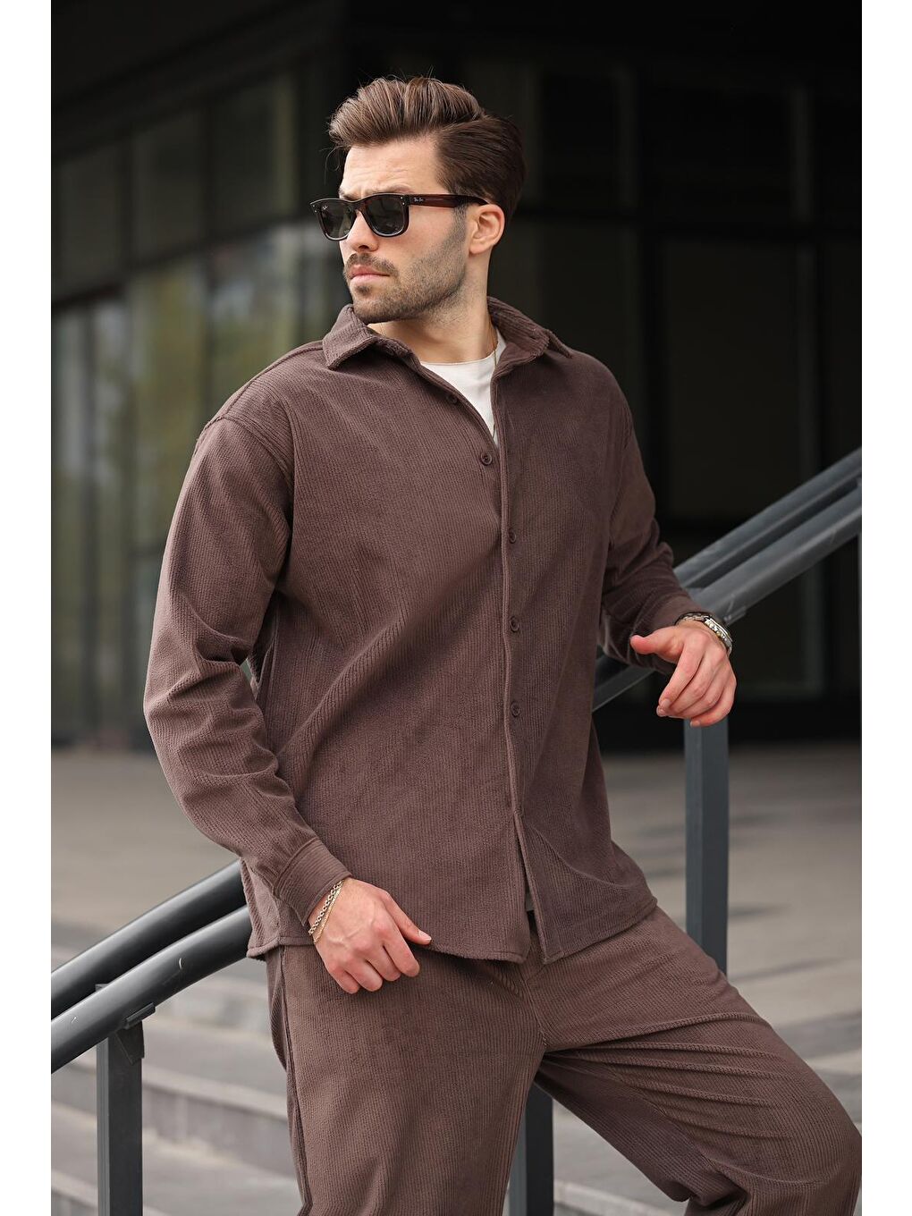 Acı Kahverengi Kadife Erkek Gömlek Pantolon Takım E7334-1