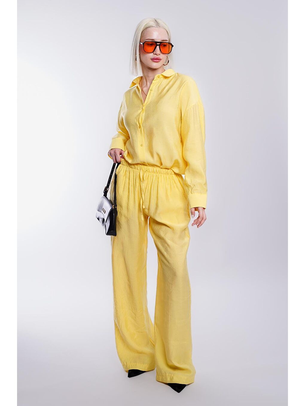 Sarı Basic Kadın Gömlek Pantolon İkili Takım Mg2352-5