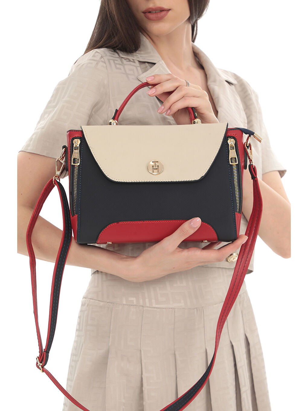 Lacivert Kadın Omuz Çantası TH-YK13807 Laci-Krem-Kırmızı-4