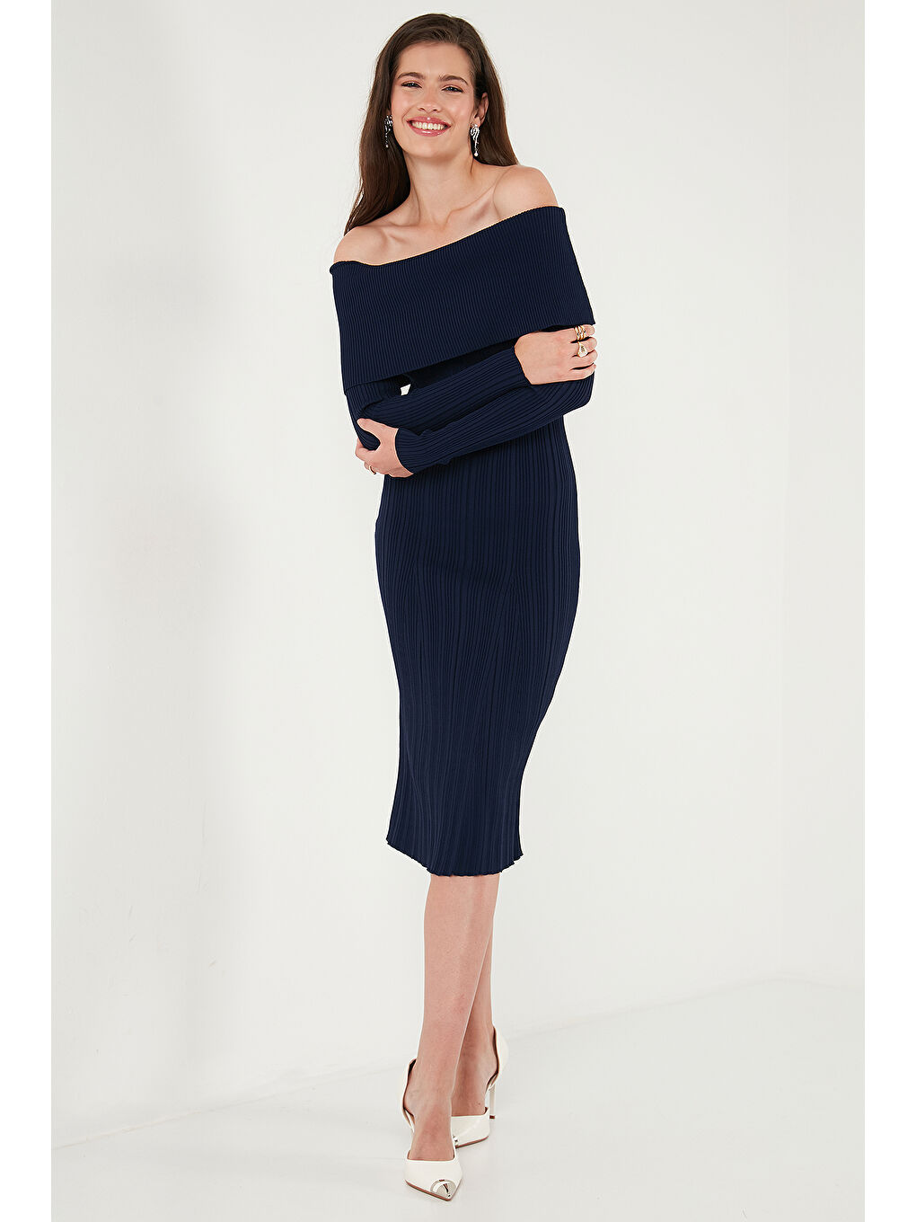 Lacivert Premium Fitilli Carmen Yaka Slim Fit Midi Boy Triko Elbise 680EL00033-3