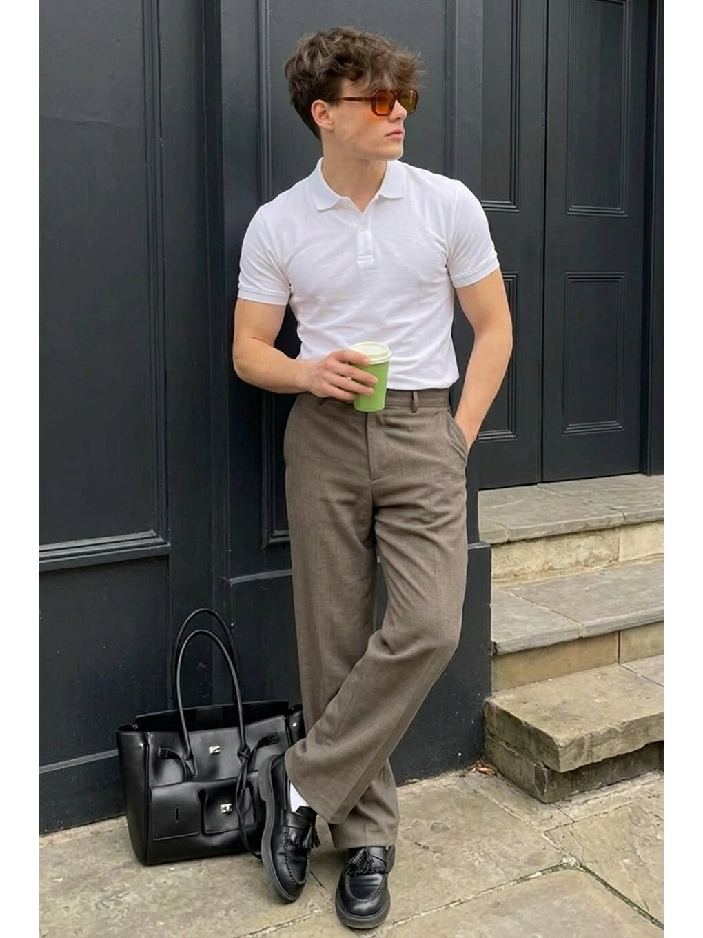 Erkek Pamuklu Fashion Beyaz Polo Yaka Tişört-2