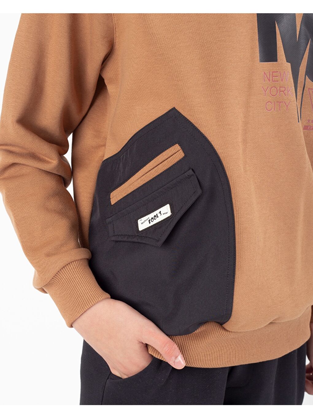 Kahverengi Erkek Çocuk Cep Detaylı Baskılı Eşofman Takımı M00756-1