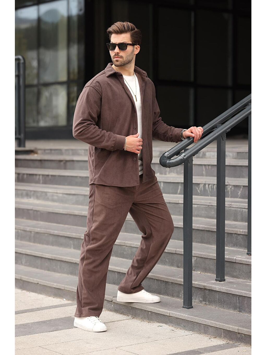 Acı Kahverengi Kadife Erkek Gömlek Pantolon Takım E7334-2