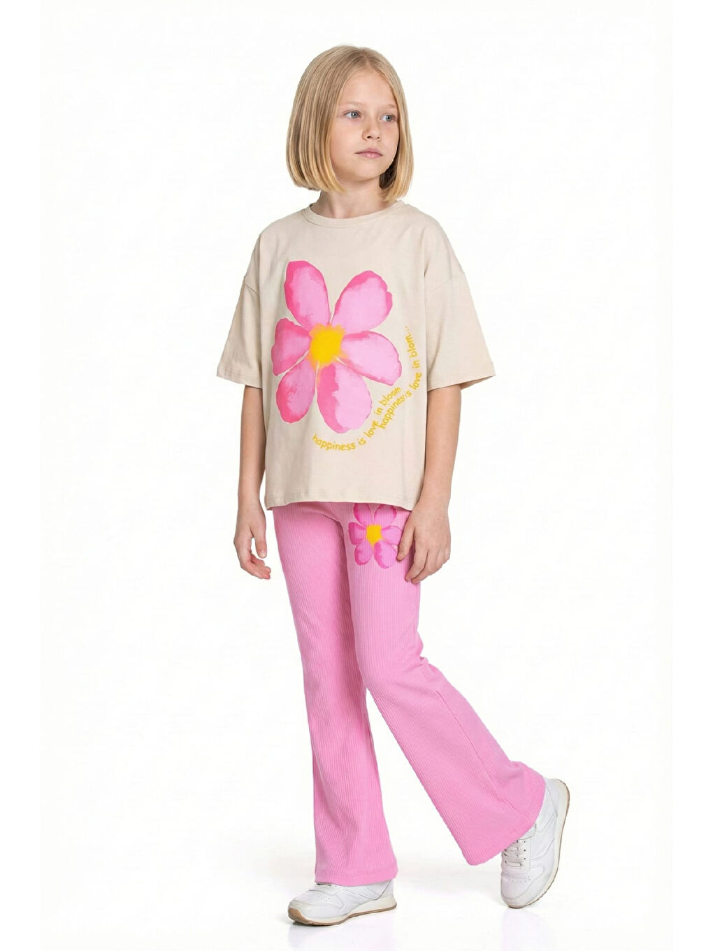 Pembe Kız Çocuk Papatya Baskılı-Taytlı Alt-Üst Takım 4-10 Yaş 12548