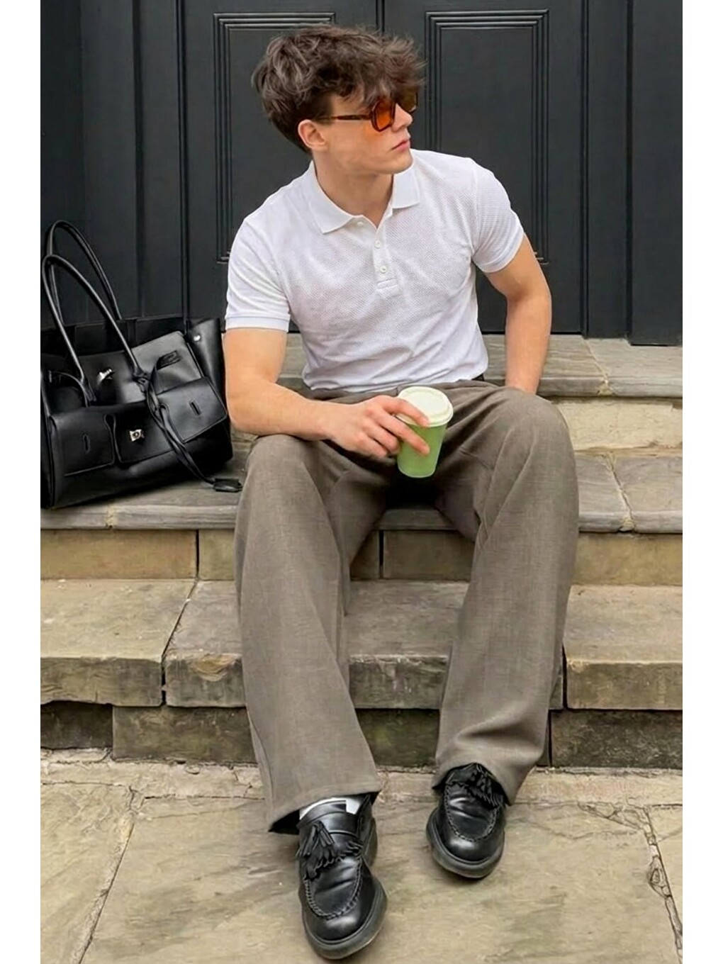Erkek Pamuklu Fashion Beyaz Polo Yaka Tişört-3