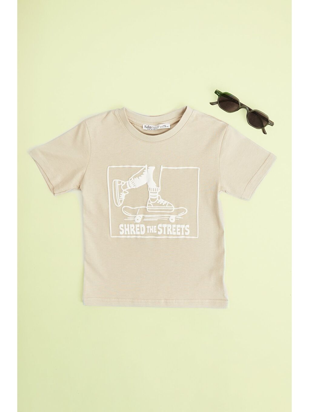 Bej Kaykay Baskılı Bisiklet Yaka Erkek Çocuk Tişört